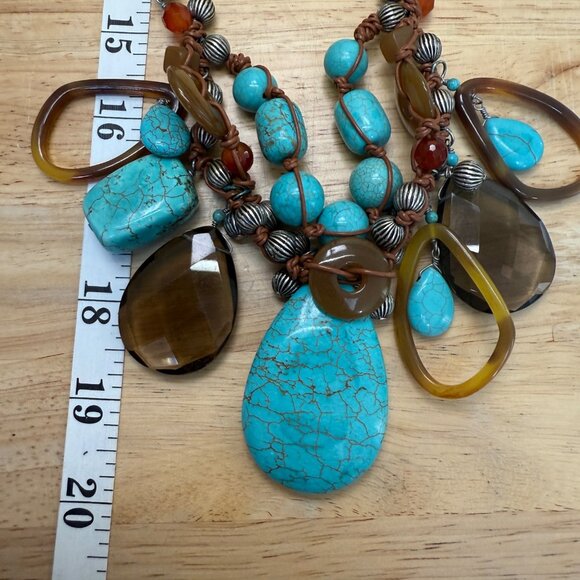 Chunky Multistrand Turquoise & Brown Statement Necklace W/ Beaded Accents Adjust - Picture 7 of 12